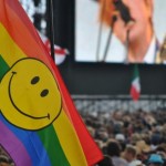 Hippy Rainbow Smile flag at the Pyramid stage during Two Door Cinema Club