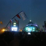 The Pyramid Stage (and flags!) at night - during U2's performance.