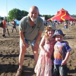 Emily (5) and Henry Rich (3) with Michael Eavis on Sunday afternoon in the circus area.