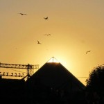 Pyramid stage at sunset on the thursday evening from the cider bus