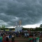 Sun Ra Arkestra on West Holts with the storm that paused Glastonbury looming above. (2)