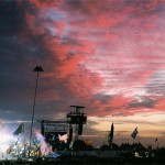 The sun sets as The Who close the Pyramid Stage. 35mm film.