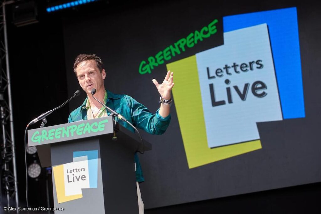 Actor Andrew Scott BBC Letters Live on the Greenpeace Stage at Glastonbury.