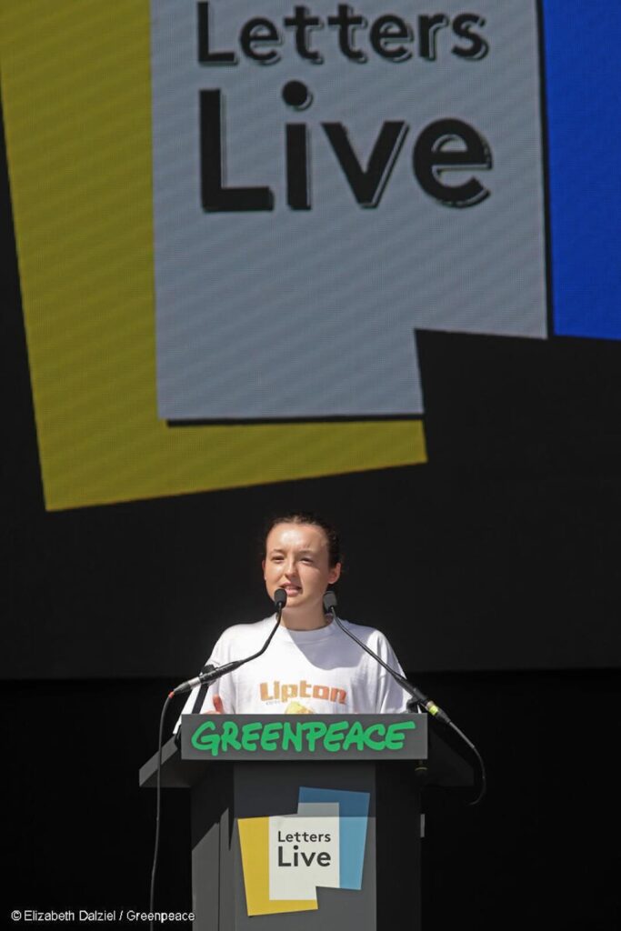 Bella Ramsey BBC Letters Live on the Greenpeace Stage at Glastonbury