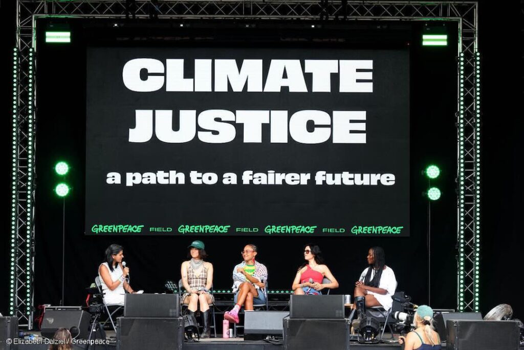 Climate Justice panel with Jocelyn Longdon, Mikaela Loach, Venetia La Manna, Tori Tsui and Areeba Hamid on the Greenpeace Stage at Glastonbury 2025