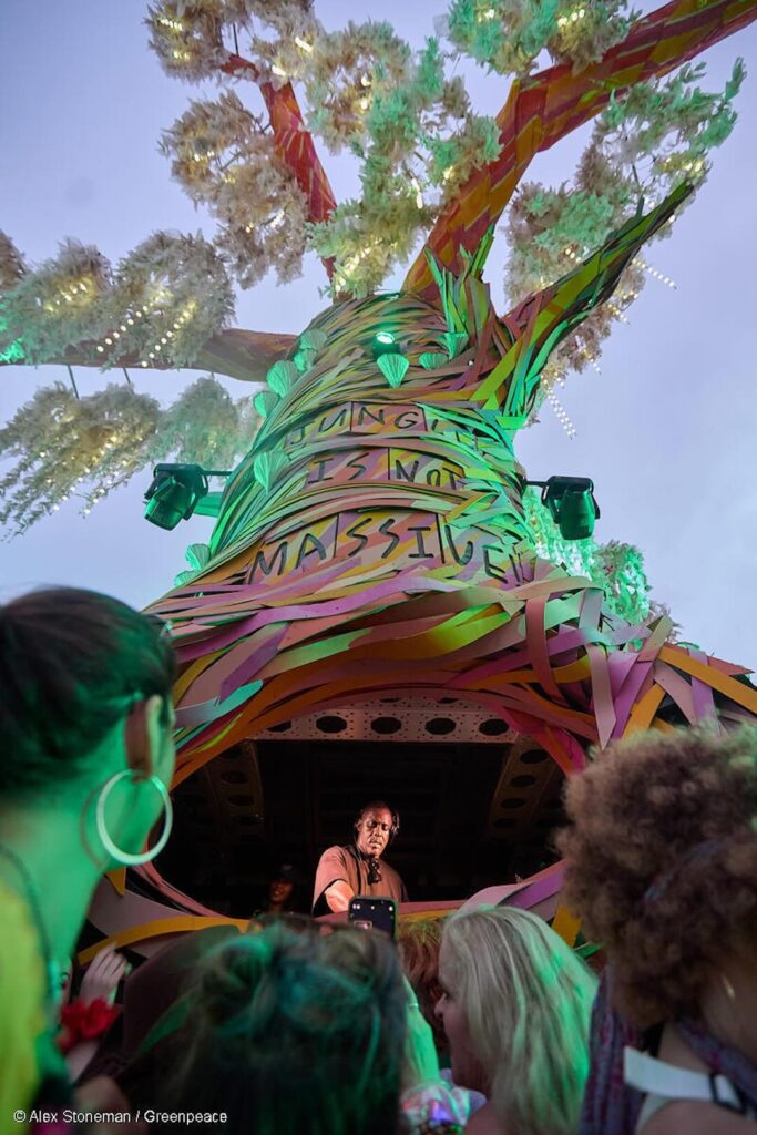 Idris Elba in the Greenpeace Rave Tree at Glastonbury 2025