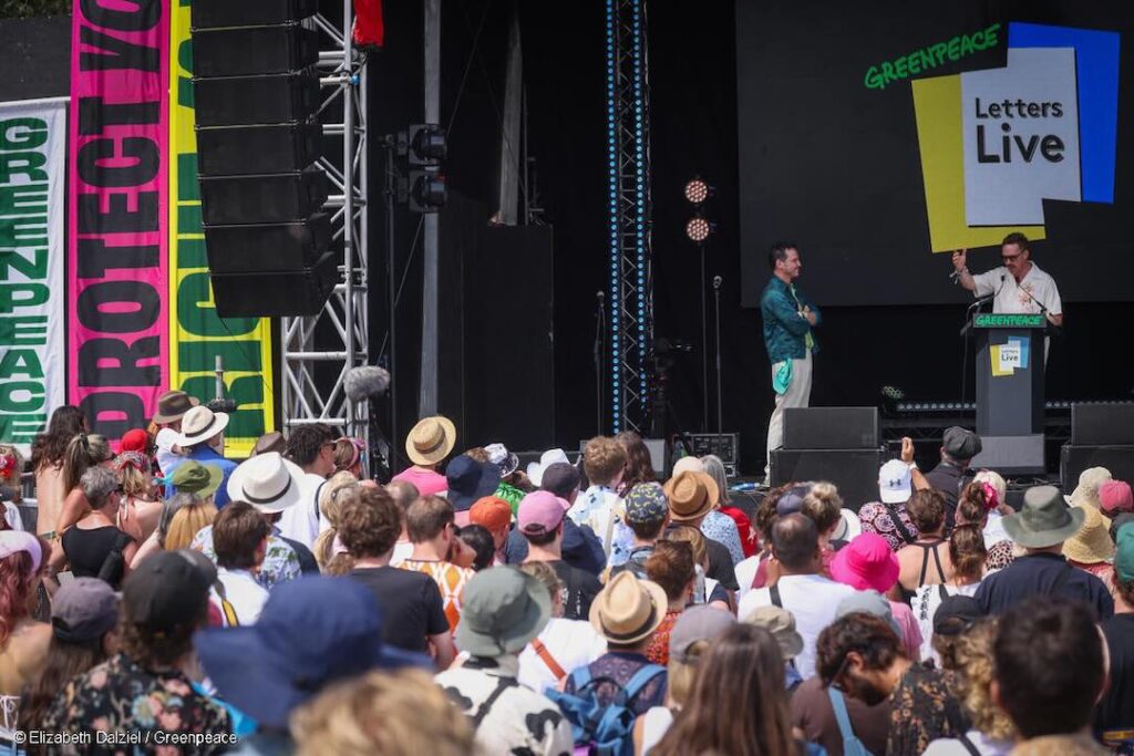 Andrew Scott and Benedict Cumberbatch at BBC Letters Live on the Greenpeace Stage at Glastonbury 2025.